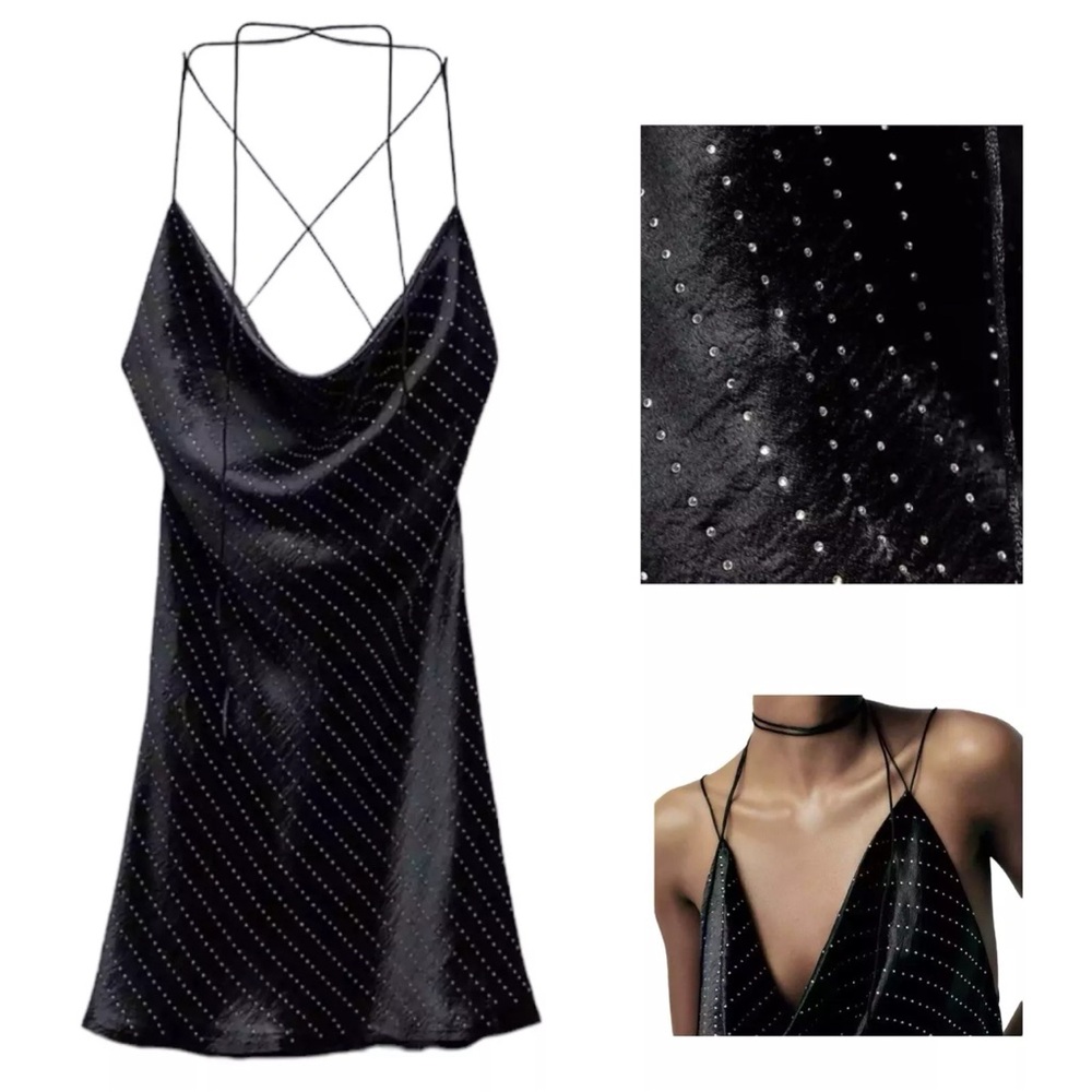 New ZARA Elegant JEWEL SATIN EFFECT MINI DRESS cowl Neck Low Back Size Large NWT